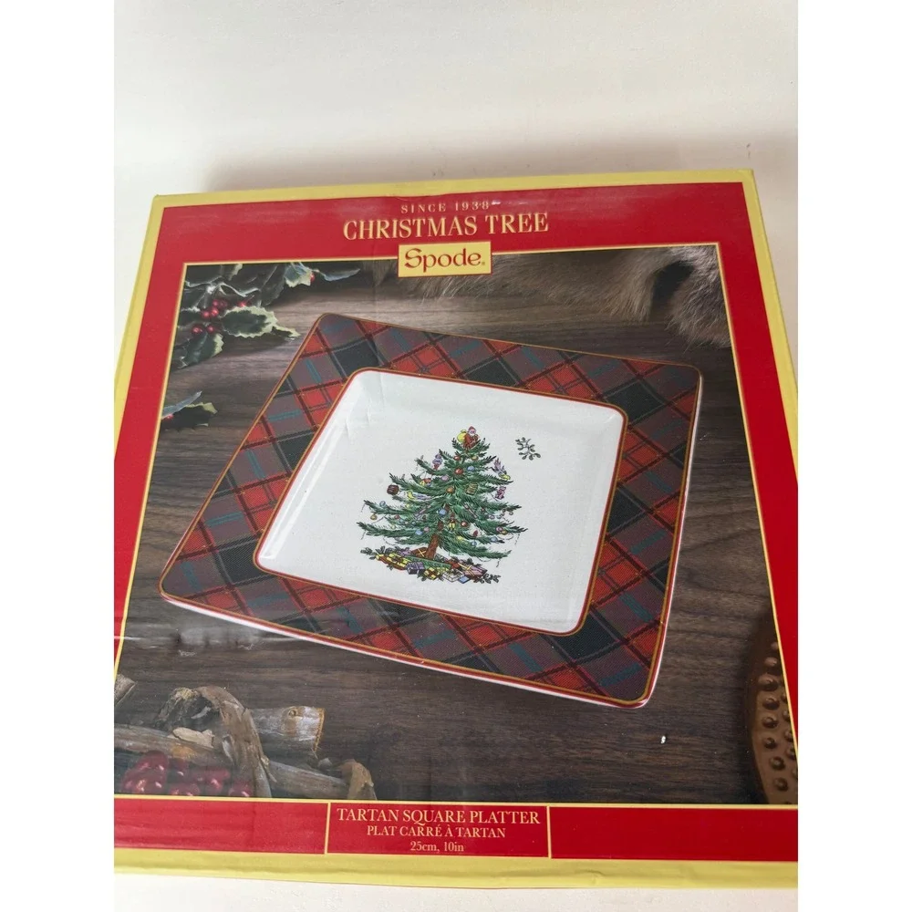 Spode Christmas Tree Tartan Square Platter 10in Red‎ Green Plaid